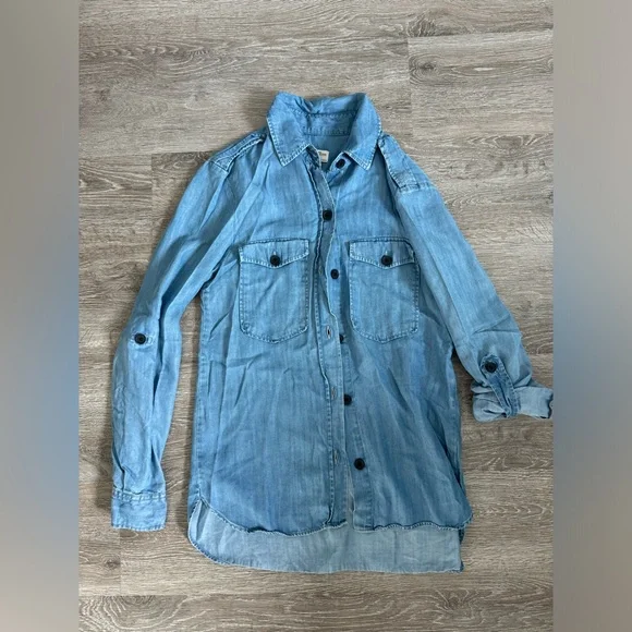 Zara EUC Chambray Denim Shirt Roll Up 3/4 Sleeves Patch Pockets Size XS Blue - Picture 3 of 7